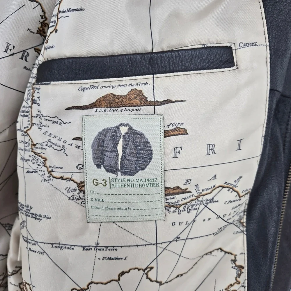 GIII G3 Mens L Brown Bomber Flight Jacket Full Zip Pockets Cool Classic Map‎